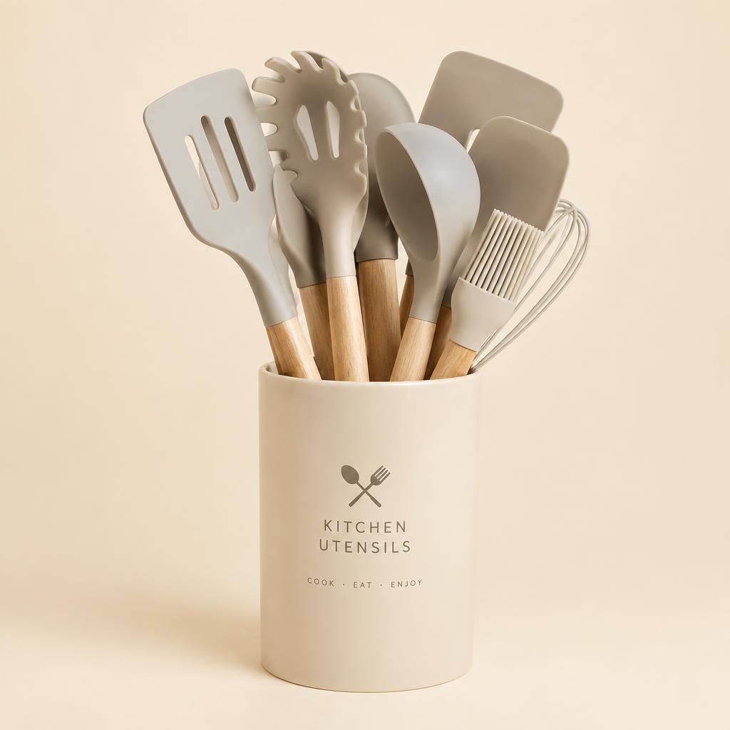 Kit 12 Utensílios de Silicone com Suporte